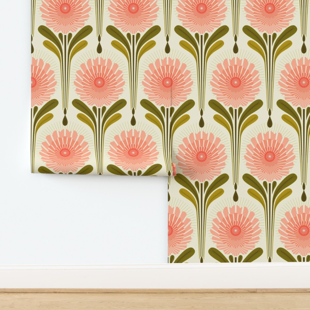 Pink Floral Green Abstract Botanical Leaves Retro Bohemian Flower Traditional Wallpaper by Spoonflower Non-Pasted Wallpaper 2FT Wide